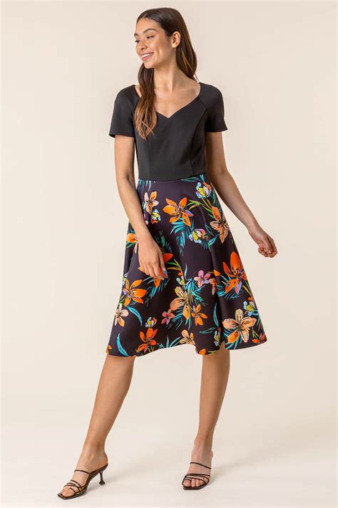 Tropical Print Fit And Flare Dress In Black Roman Originals Uk