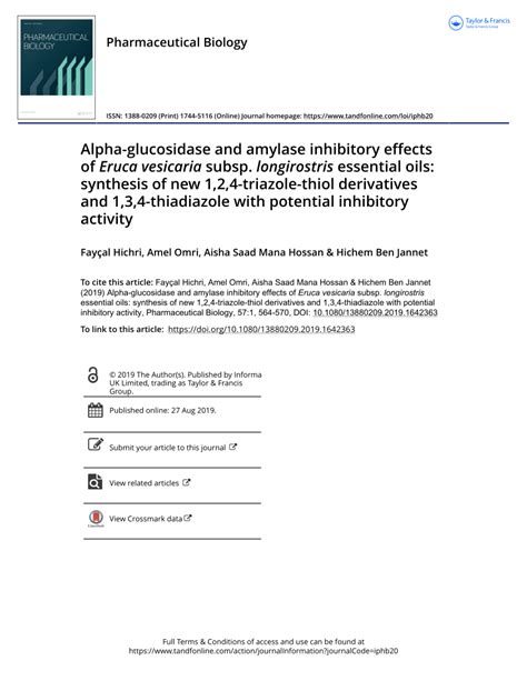 Pdf Alpha Glucosidase And Amylase Inhibitory Effects Of Eruca