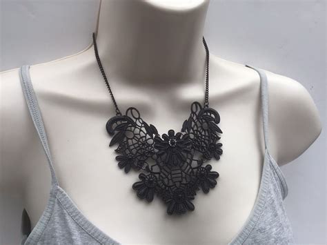 Goth Gothic Black Lace Style Alloy Statement Pendant Gem