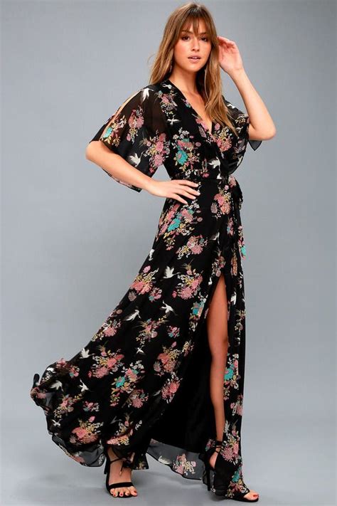 Sweet Bouquet Black Floral Print Wrap Maxi Dress Maxi Dress Womens