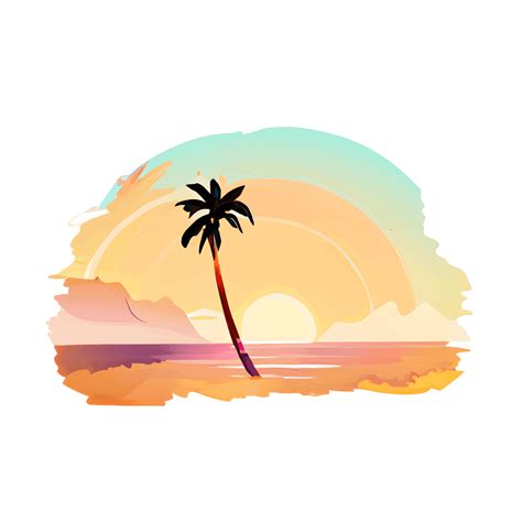 Zonsondergang Op Het Strand Met Palmbomen Aquarelafbeelding · Creative