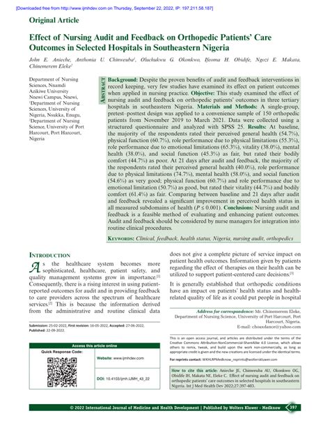 Pdf Effect Of Nursing Audit And Feedback On Orthopedic Patients Care Outcomes In Selected