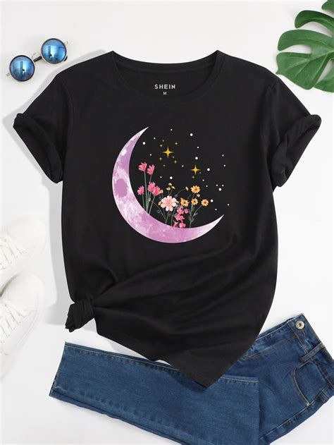 Camiseta Luna Con Con Estampado Floral Moda De Camiseta Camisetas