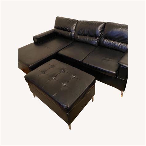 Modern Black Faux Leather Sectional + Ottoman Set - AptDeco