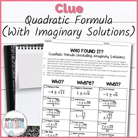 Quadratic Formula Including Imaginary Solutions Clue Mystery Activity