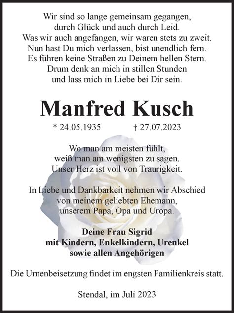 Traueranzeigen Von Manfred Kusch Abschied Nehmen De