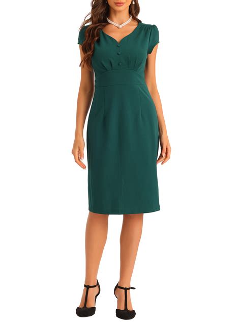 Allegra K Vintage Sheath Dress For Womens V Neck Cap Sleeves Split