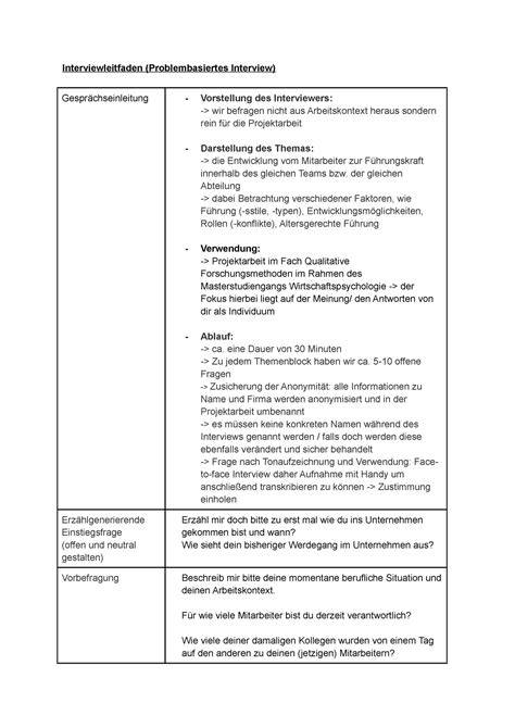 Interviewleitfaden Der Gleichen Abteilung Dabei Betrachtung