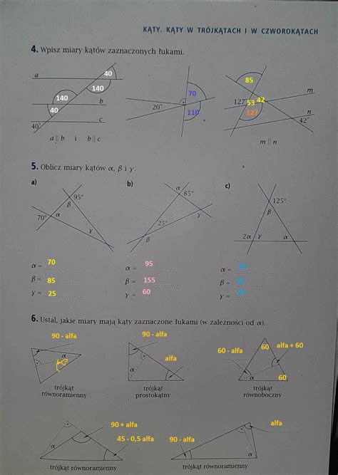 Proszę o pomoc 4 wpisz miary kątów zaznaczonych łukami 5 oblicz miary