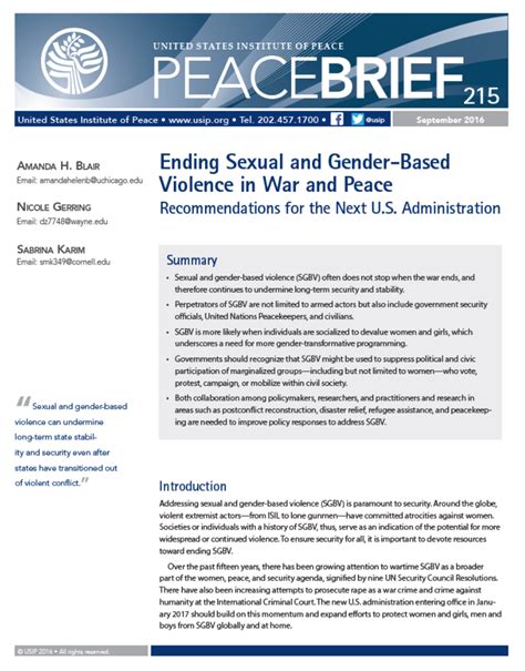 Ending Sexual And Gender Based Violence In War And Peace Recommendations For The Us