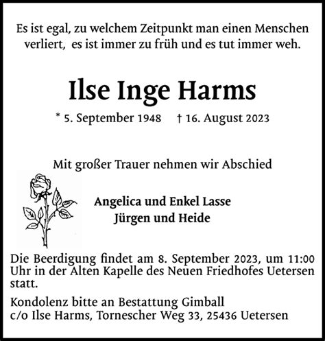 Traueranzeigen Von Ilse Inge Harms Sh Z Trauer