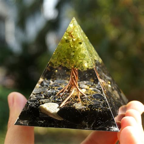 Gorgeous Peridot Tree Of Life Orgone Pyramid With Obisidian Orgone