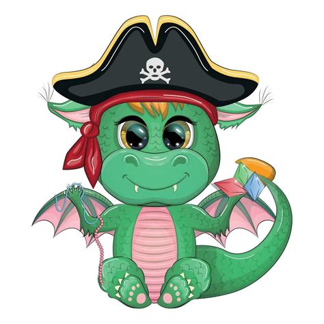 Cute cartoon green dragon pirate in a cocked hat. Symbol of 2024 ...