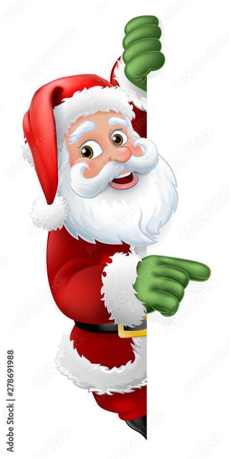 Santa Christmas Cartoon Character Peeking Around A Sign And Pointing At It Stock Vector Adobe