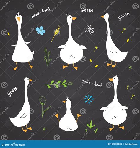 Goose Doodles Set Cute Geese Sketch Stock Vector Illustration Of