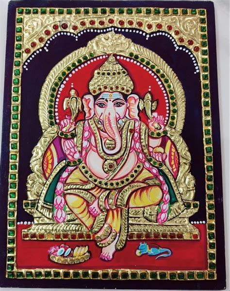 Teakwood GANESHJI TANJORE PAINTING 22 CARAT GOLD FOIL 8 X 6 INCH At Rs