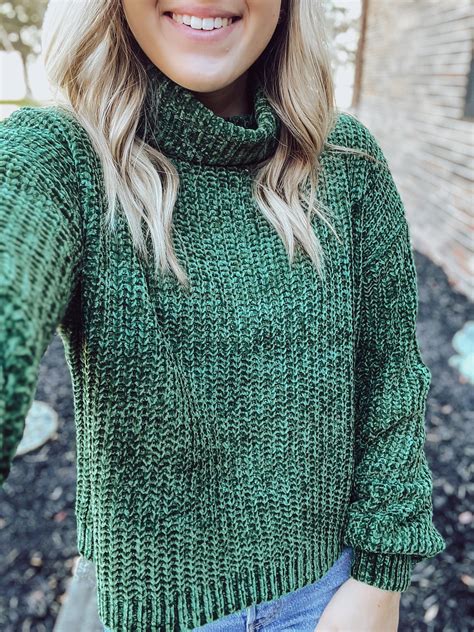 Dark Green Chenille Turtleneck Sweater Josie Maes Boutique