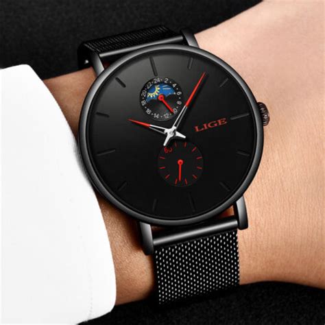 Lige Men Quartz Watch With Moon Phase Dial Ultra Thin Steel Wristwatch