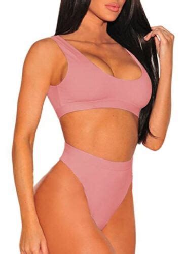 Pink Queen Women S Crop Top High Waisted Cheeky Bikini Set Pink L Ebay