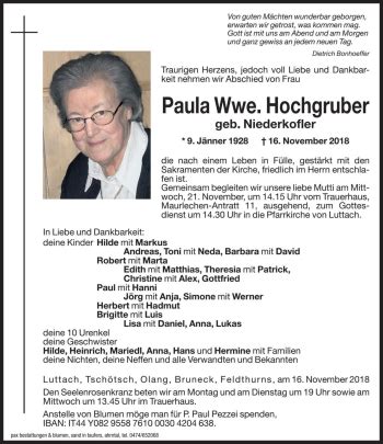 Traueranzeigen Von Paula Hochgruber Trauer Bz