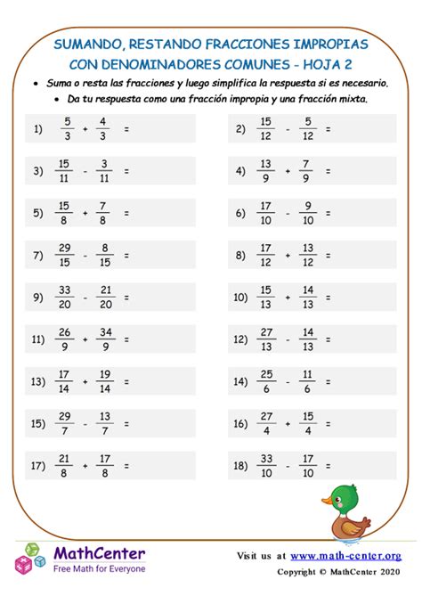 Cuarto Grado Hojas De Trabajo Sumar Y Restar Fracciones Math Center