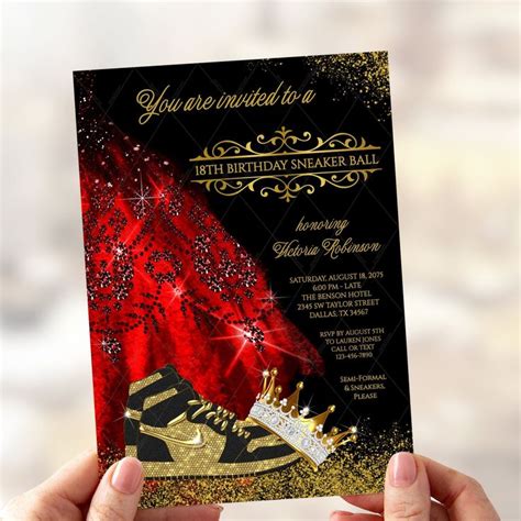 Girl Sneaker Ball Birthday Invitation Red Black Gold Sneaker Ball