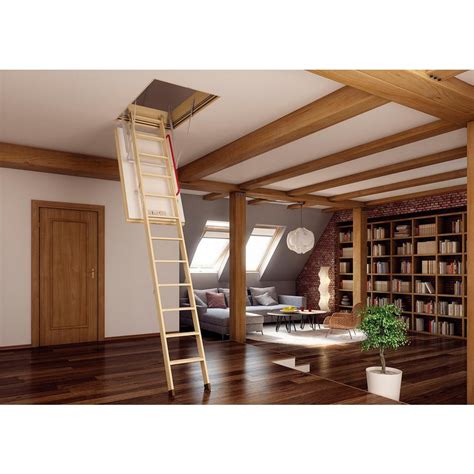 Attic Ladder Wooden 300 Lbs Load Capacity 7 ft 5 in up to 8 ft 11 in Metal Rod - Ladders