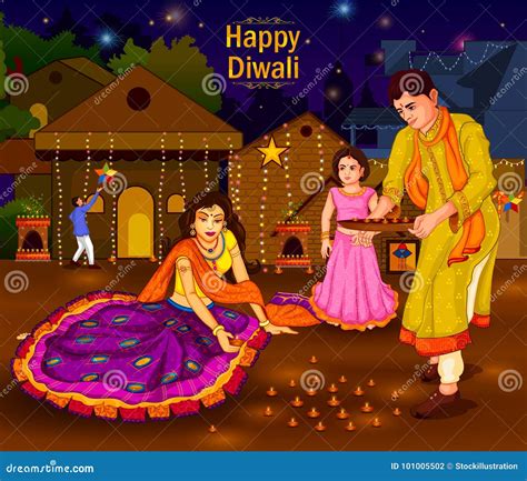 Indian Family People Celebrating Diwali Festival of India Stock Vector - Illustration of ...