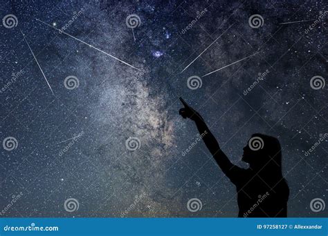 Silhouette of Young Girl Watching Meteor Shower. Stock Image - Image of ...