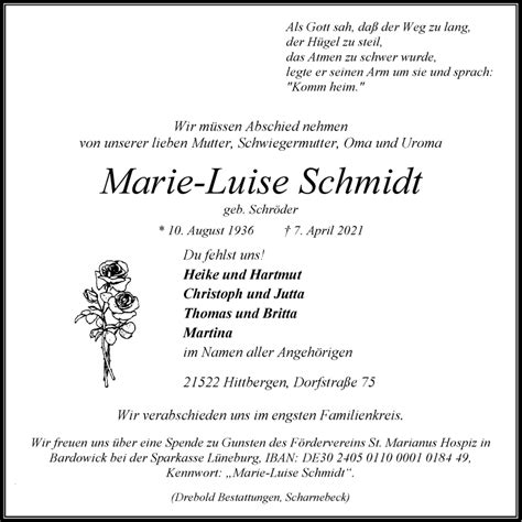 Traueranzeigen Von Marie Luise Schmidt Trauer L Neburg De