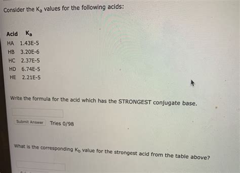 Solved Consider The Ka Values For The Following Acids Acid Chegg