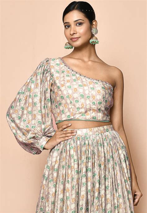 Digital Printed Cotton Silk Crop Top Set In Fawn Tac112