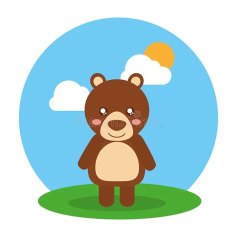 Cute Animal Baby Bear Standing In Field Clouds And Sun Stock Vector