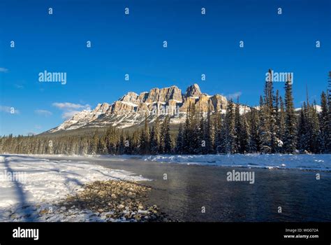 Scenic Bow River And Castle Mountain In Winter Banff National Park