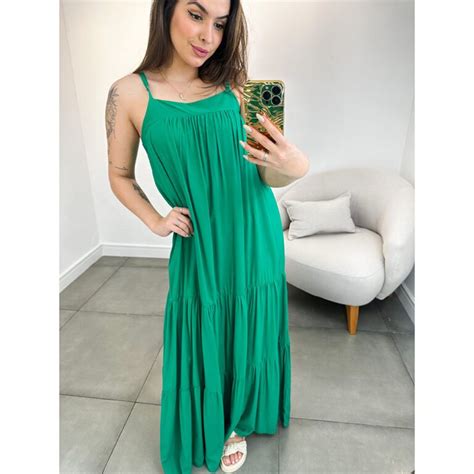 Vestido Longo Em Viscolinho Verde Inovar Forever