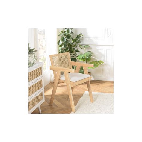 Albane Fauteuil Bois D H V A Assise Tissu Blanc Dossier Rotin Naturel