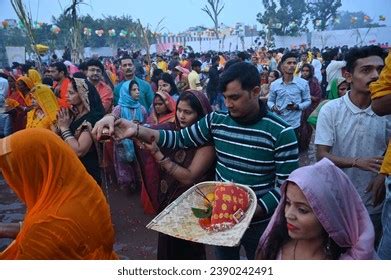 Hindu Devotee Offering Prayers Sun God Stock Photo