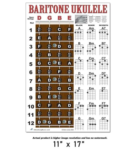 Baritone Ukulele Fretboard Chord Wall Chart Poster Uke Chords DGBE