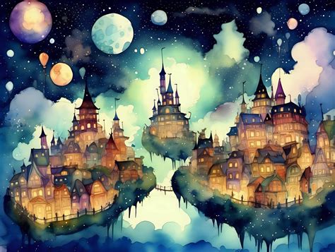 Whimsical Nighttime Dreamland Floating Islands Starry Skies And