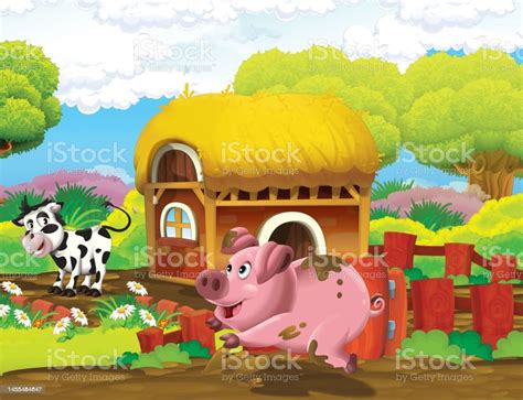 Cartoon Scene With Life On The Farm With Cow And Pig Near The Barn