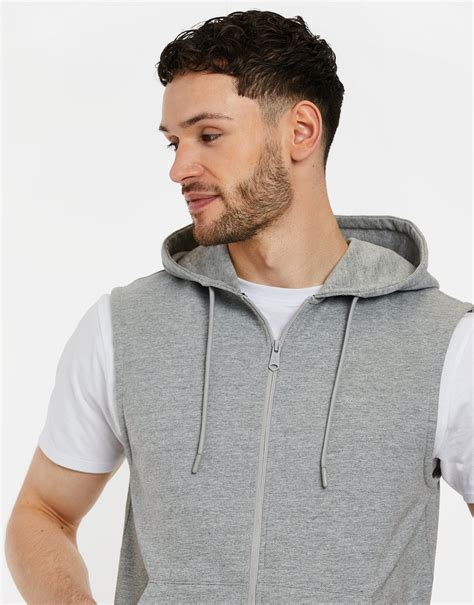 Mens Grey Sleeveless Zip Through Fleece Hoodie Threadbare