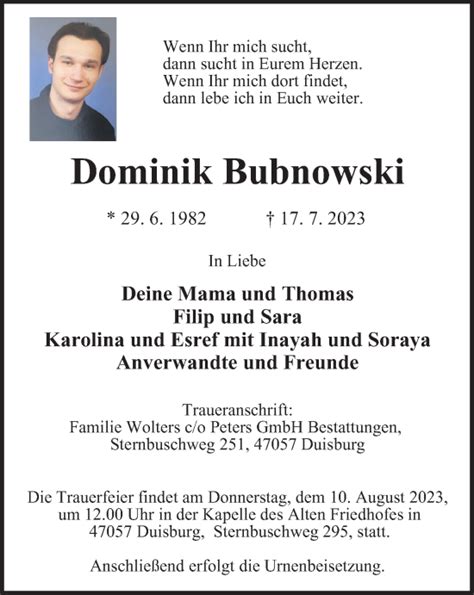 Traueranzeigen Von Dominik Bubnowski Trauer In Nrw De