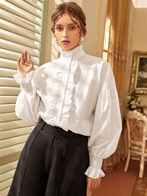 Shein Mock Neck Lantern Sleeve Ruffle Trim Blouse Blouses For Women