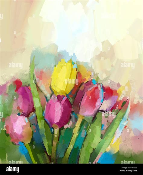 Tulips flowers oil painting. Oil paint yellow and red tulip flower field. Spring season nature ...