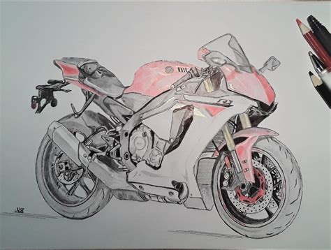 Yamaha R1 Drawing Sketch Of Motorcycle With Colored Etsy