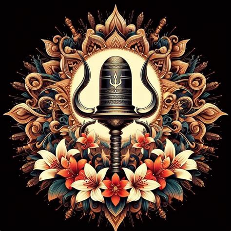 Ilustración de Maha Shivratri de trishul damru y flores con fondo negro