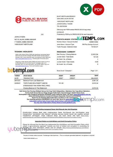 Malaysia Public Bank Statement Easy To Fill Template In Excel And Pdf Katempl