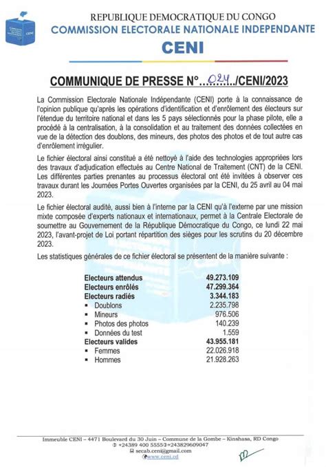 Ceni RDC On Twitter COMMUNIQUE DE PRESSE N024 CENI 2023 La CENI