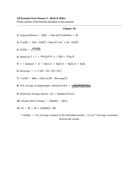 Finance Formula Sheet All Formulas From Finance Book Slides