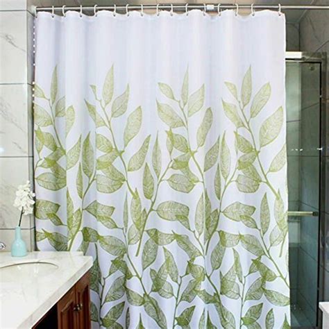 Polyester Fabric Green Leaves Shower Curtain With Hooks 72 X 72